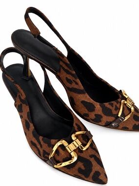 Leopard Print Gold Buckle Pointed Toe Slingback Kitten Heels Size 8